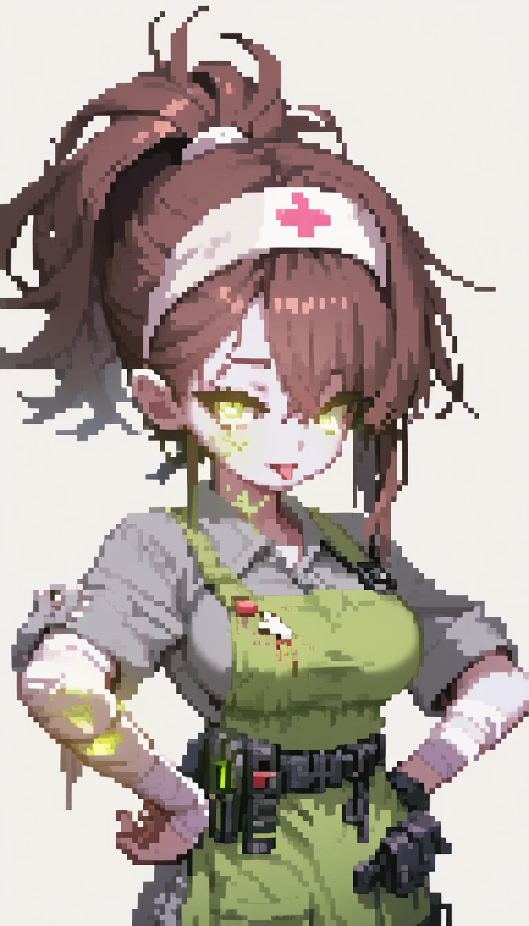 radsister, 1girl,
glowing green vein, undead girl, white skin, colored skin, pale skin,
messy high ponytail, long bangs, side-swept bangs, layered hair, loose strands, hair tucked under headband, brown hair, glowin green eyes
radioactive nurse, glowing green eyes, glowing veins, pale skin, brown hair, tied hair, white headband,
short-sleeved nurse uniform, gray shirt, button-up shirt,rolled-up sleeves,
dirty apron,green apron,
tight dark pants, tactical pants, grey pants,
black leather boots, heavy boots
bandaged arm, utility belt, eerie aesthetic
, tongue out, :p, portrait, upper body, close-up, detailed face, simple background, detailed, perfect, perfection, score_9, score_8_up, score_7_up, score_6_up, score_5_up,