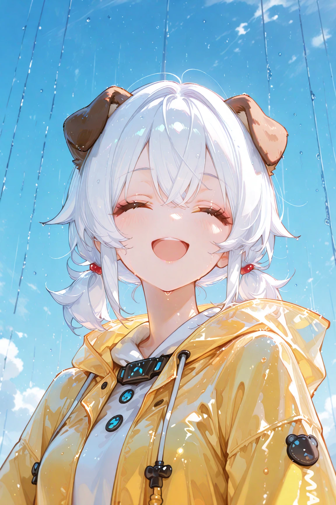 masterpiece, best quality, top quality, good quality, newest, highres, absurdres, 
BREAK
very awa, absolutely eye-catching, illustration, CG, 
BREAK
perfect composition, eye reflection, eyelashes, shiny hair, 
BREAK
1girl, dog ears, upper body, white hair, closed eyes, twintails, short hair, happy, smile, rain, yellow raincoat, sidelighting, blue sky, (front view:1.1), 
masterpiece, good quality, very aesthetic, absurdres, newest,