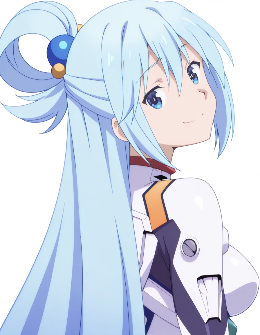 masterpiece, best quality, amazing quality,, <lora:konosuba-aqua-s2-illustriousxl-lora-nochekaiser:1>, aqua (konosuba), long hair, blue eyes, hair ornament, very long hair, blue hair, hair rings, single hair ring, hair bobbles, mature female, breasts, anime screencap, <lora:rei-ayanami-cosplay-illustriousxl-lora-nochekaiser:1>, rei ayanami cosplay, ayanami rei (cosplay), bodysuit, headgear, plugsuit, white bodysuit,, <lora:shaft-look-illustriousxl-lora-nochekaiser:1>, shaft look, looking back, from behind, head tilt, upper body, smile,, sad, , <lora:transparent-background-illustriousxl-lora-nochekaiser:1>, transparent background, simple background, white background, ,