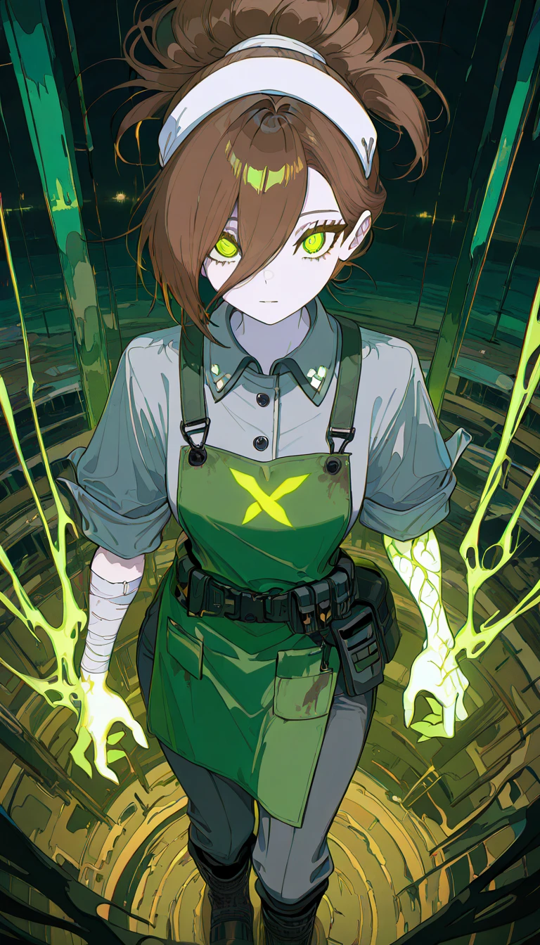 masterpiece, best quality, amazing quality, very aesthetic, absurdres, newest, scenery,
, radsister, 1girl,
glowing green vein, undead girl, white skin, colored skin, pale skin,
messy high ponytail, long bangs, side-swept bangs, layered hair, loose strands, hair tucked under headband, brown hair, glowin green eyes
radioactive nurse, glowing green eyes, glowing veins, pale skin, brown hair, tied hair, white headband,
short-sleeved nurse uniform, gray shirt, button-up shirt,rolled-up sleeves,
apron,green apron,
tight dark pants, tactical pants, grey pants,
black leather boots, heavy boots
bandaged arm, utility belt, eerie aesthetic
, animated, dynamic angle, upper body, from above, fisheye lens, detailed face,colorful, close-up, masterpiece, best quality, amazing quality, very aesthetic, absurdres, newest, scenery, volumetric lighting