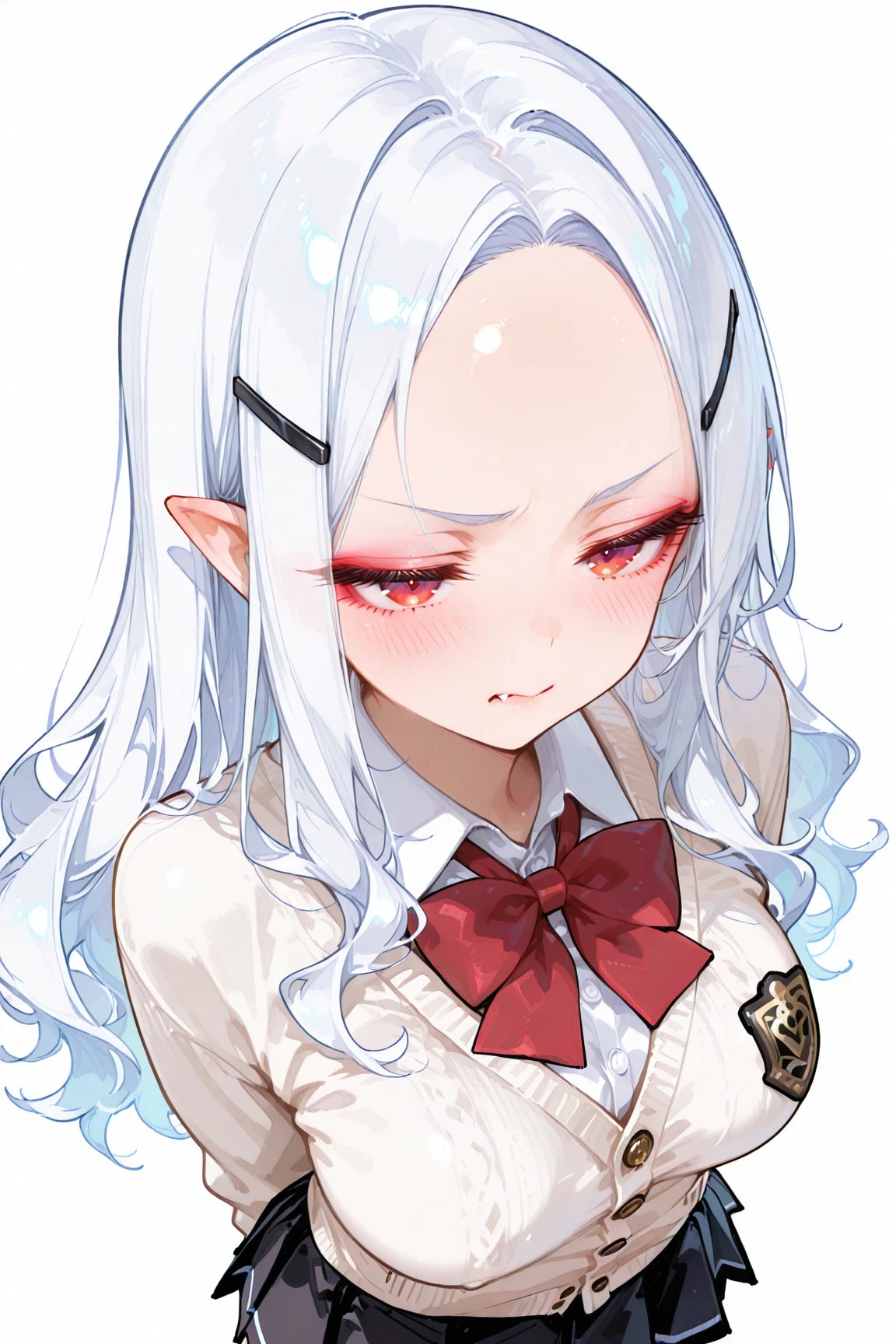 masterpiece, best quality, top quality, good quality, newest, highres, absurdres, 
BREAK
very awa, absolutely eye-catching, illustration, CG, 
BREAK
perfect composition, eye reflection, eyelashes, (gradient eyes:1), 
BREAK
1girl, shiny skin, (eyeshadow), half-closed eyes, red eyes, 
wavy hair, forehead, white hair, , fang, pointy ears, pov, blush, shy, hairclip, from above, standing, upper body, tsundere, (arms behind back:1.1), side view, 
long hair, black skirt, bow, bowtie, buttons, cardigan, collared shirt, long sleeves, micro skirt, pleated skirt, red bow, red bowtie, school uniform, shirt, skirt, white cardigan, white shirt, white background, 
masterpiece, good quality, very aesthetic, absurdres, newest,