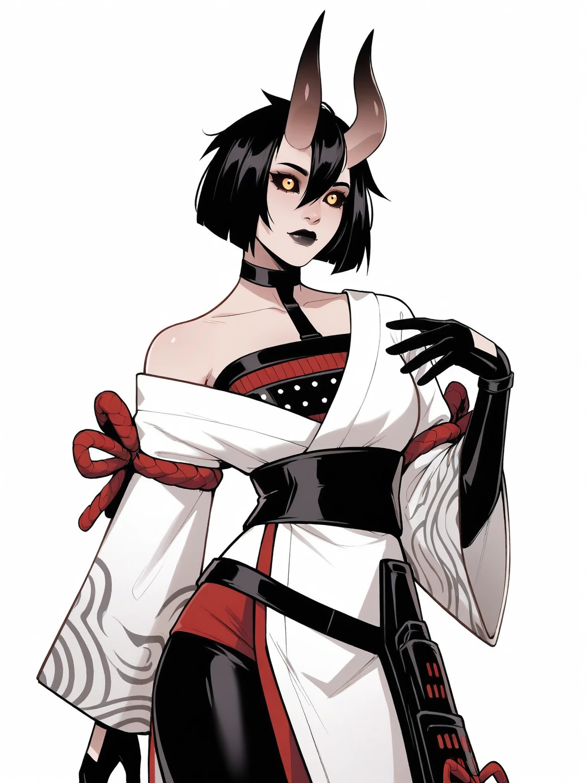 1girl, solo, arrancar, bare shoulders, short hair, half black hair, white locks, long sleeves, long nails like claws, showing teeths, sharp teeths, simple background, white background,