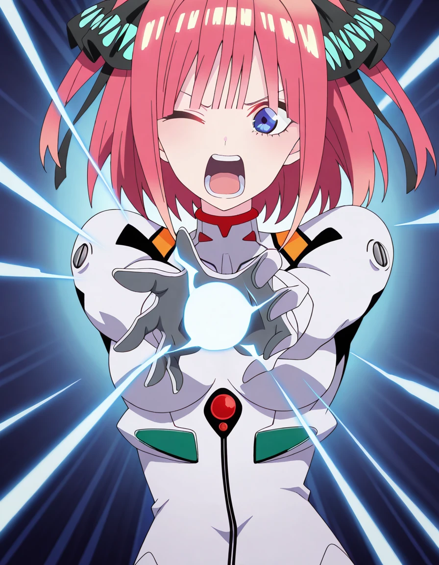 masterpiece, best quality, amazing quality,, <lora:nino-nakano-s2-illustriousxl-lora-nochekaiser:1>, nino nakano, short hair, bangs, blue eyes, hair ornament, hair ribbon, pink hair, blunt bangs, two side up, butterfly hair ornament, mature female, breasts, anime screencap, <lora:rei-ayanami-cosplay-illustriousxl-lora-nochekaiser:1>, rei ayanami cosplay, ayanami rei (cosplay), bodysuit, headgear, plugsuit, white bodysuit,, <lora:kamehameha-illustriousxl-lora-nochekaiser:1>, kamehameha, kamehameha (dragon ball), open mouth, outstrecthed arms, torn clothes, shouting, energy, energy beam, energy ball, electricity,, one_eye_closed, , , ,