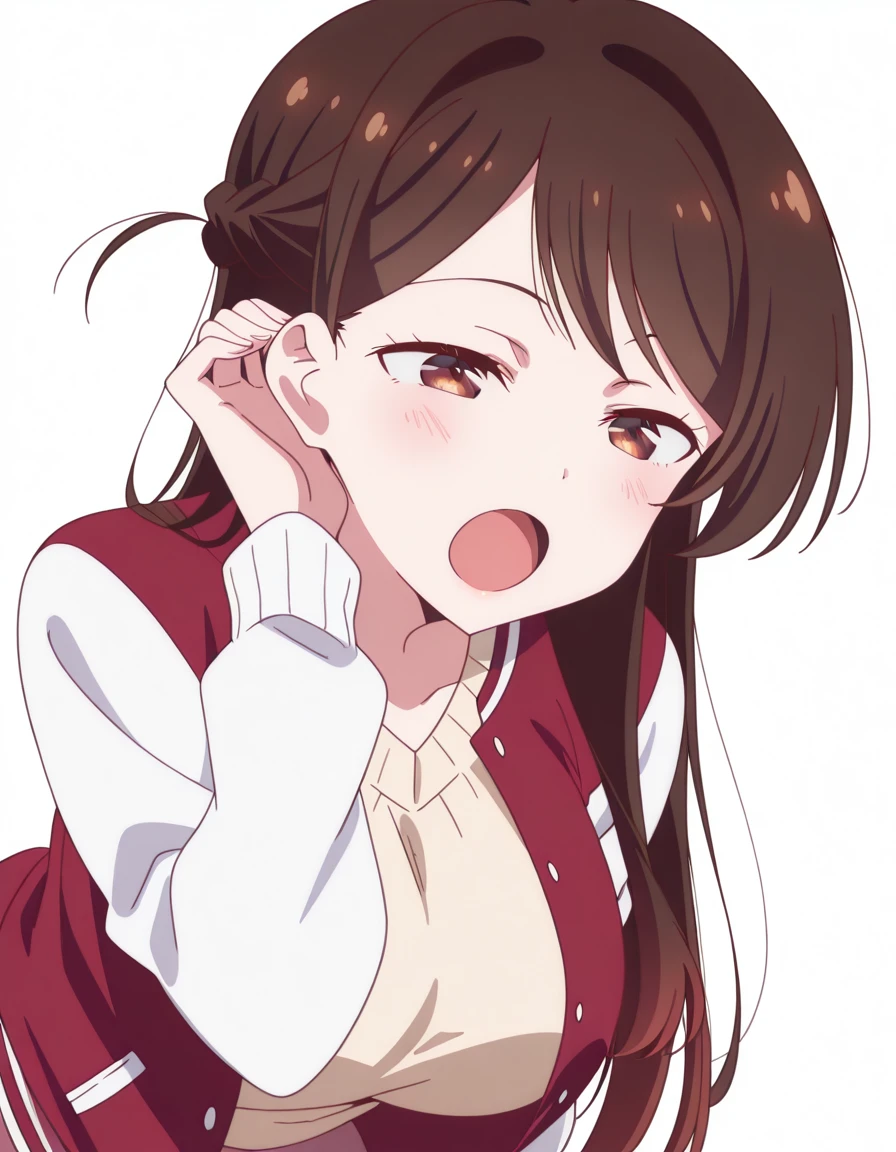 masterpiece, best quality, amazing quality,, <lora:chizuru-ichinose-s1-illustriousxl-lora-nochekaiser:1>, chizuru ichinose, long hair, bangs, brown hair, brown eyes, one side up, mature female, breasts, anime screencap, <lora:letterman-jacket-illustriousxl-lora-nochekaiser:1>, letterman jacket, jacket, open jacket, <lora:tucking-hair-illustriousxl-lora-nochekaiser:1>, tucking hair, adjusting hair, hand on own hair, hair behind ear, smile, bent over, leaning forward, blush, hand up,, yawning, open mouth, <lora:transparent-background-illustriousxl-lora-nochekaiser:1>, transparent background, simple background, white background, ,