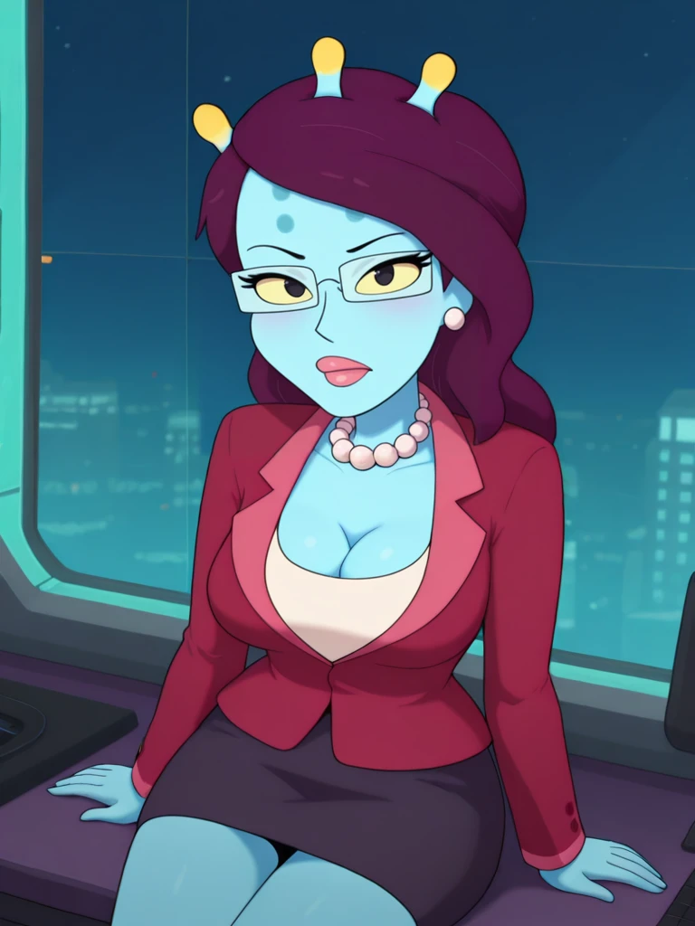 32k, Super-Resolution, professional, masterpiece, best quality, absurdres, award winning, Digital Art, very aesthetic, absolutely eye-catching, Cinematic Lighting, 16-bit RGB, character focus, perfect anatomy,body blush,  perfect hands, ultra detailed, soft skin, Ray Tracing Global Illumination, Depth of Field, Cinematic, Ray Tracing Reflections, Concept Art, breathtaking, White Balance, F/2.8, Perspective, detailed gorgeous body, detailed gorgeous background, Anti-Aliasing, <lora:StS-Illustrious-Detail-Slider-v1.0:4.0>,extreme details, RTX, <lora:dynamic-pose-illustriousxl-lora-nochekaiser:1>, dynamic pose,  cowboy shot,     <lora:unitygirl:1.2>, unitygirl, no humans,  alien, three antennae, long hair, dark purple hair, bangs, colored skin,blue skin, colored sclera, yellow sclera, black eyes,  medium breasts, anime screenshot,  unityDres,  glasses, jewelry, pearl necklace, pearl earrings,pink lips,red jacket,formal, white tank top, cleavage, grey pencil skirt, (looking at viewer:1.2), sitting, panty peek,
