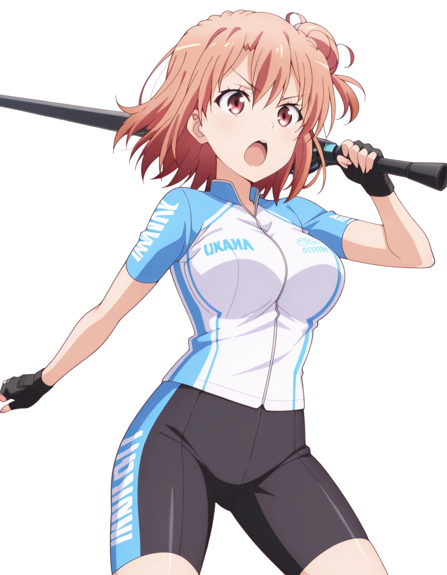 masterpiece, best quality, amazing quality,, <lora:yui-yuigahama-s2s3-illustriousxl-lora-nochekaiser:1>, yui yuigahama, yuigahama yui, short hair, brown eyes, orange hair, hair bun, single hair bun, mature female, breasts, anime screencap,, <lora:cycling-uniform-illustriousxl-lora-nochekaiser:1>, cycling uniform, bike jersey, bike shorts, biker clothes, fingerless gloves, gloves, short sleeves,, <lora:dynamic-pose-illustriousxl-lora-nochekaiser:1>, dynamic pose, holding weapon, weapon, holding, cowboy shot, v_shaped_eyebrows, open mouth, <lora:transparent-background-illustriousxl-lora-nochekaiser:1>, transparent background, simple background, white background, ,