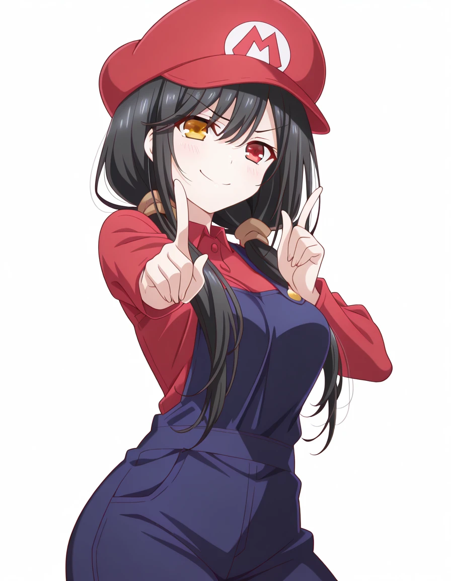 masterpiece, best quality, amazing quality,, <lora:kurumi-tokisaki-s2-illustriousxl-lora-nochekaiser:1>, kurumi tokisaki, black hair, red eyes, long hair, twintails, yellow eyes, heterochromia, mature female, medium breasts, anime screencap, <lora:mario-cosplay-illustriousxl-lora-nochekaiser:1>, mario cosplay, mario (cosplay), blue overalls, overalls, shirt, red shirt, long sleeves, collared shirt, hat, red hat,, <lora:koi-dance-illustriousxl-lora-nochekaiser:1>, koi dance, index finger raised, dancing, outstretched arm, pointing at viewer, pointing, pointing up, smile, cowboy shot, blush,, tsundere, , <lora:transparent-background-illustriousxl-lora-nochekaiser:1>, transparent background, simple background, white background, ,