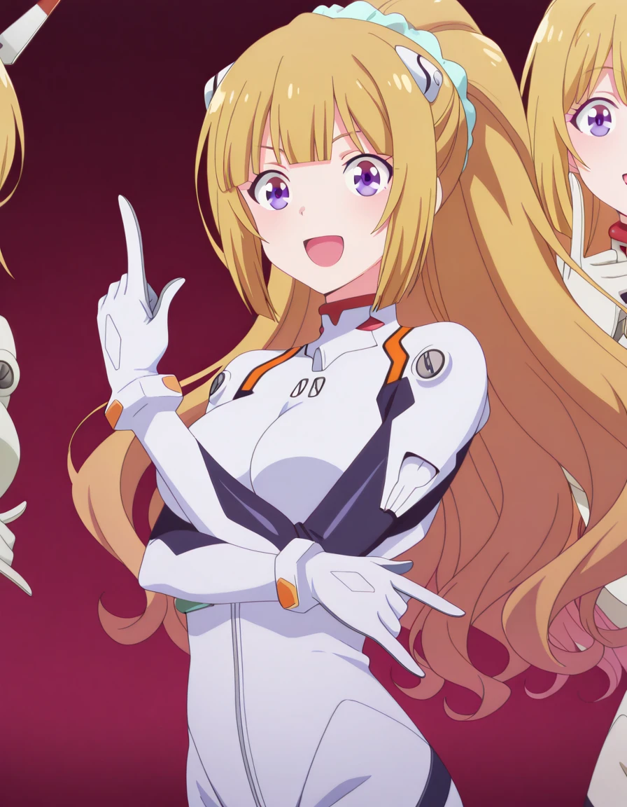 masterpiece, best quality, amazing quality,, <lora:kei-karuizawa-s2-v2-illustriousxl-lora-nochekaiser:1>, kei karuizawa, long hair, bangs, blunt bangs, purple eyes, blonde hair, hair ornament, ponytail, scrunchie, blue scrunchie, mature female, medium breasts, anime screencap,, <lora:rei-ayanami-cosplay-illustriousxl-lora-nochekaiser:1>, rei ayanami cosplay, ayanami rei (cosplay), bodysuit, headgear, plugsuit, white bodysuit,, <lora:kakyoin-noriakis-pose-illustriousxl-lora-nochekaiser:1>, kakyoin noriakis pose, kakyoin noriaki's pose (jojo), jojo pose, m/, pointing up, hands up, looking at viewer, smile, cowboy shot, abashed, open mouth, , ,