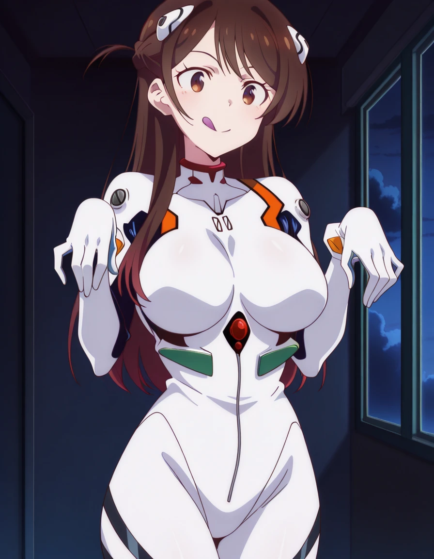 masterpiece, best quality, amazing quality,, <lora:chizuru-ichinose-s1-illustriousxl-lora-nochekaiser:1>, chizuru ichinose, long hair, bangs, brown hair, brown eyes, one side up, mature female, breasts, anime screencap, <lora:rei-ayanami-cosplay-illustriousxl-lora-nochekaiser:1>, rei ayanami cosplay, ayanami rei (cosplay), bodysuit, headgear, plugsuit, white bodysuit,, <lora:ghost-pose-illustriousxl-lora-nochekaiser:1>, ghost pose, ghost, purple tongue, open mouth, tongue, hands up, indoors, night, night sky, dark, horror (theme), cloud, dark cloud, dim lighting, dark room, backlighting, cowboy shot, :q, , , ,