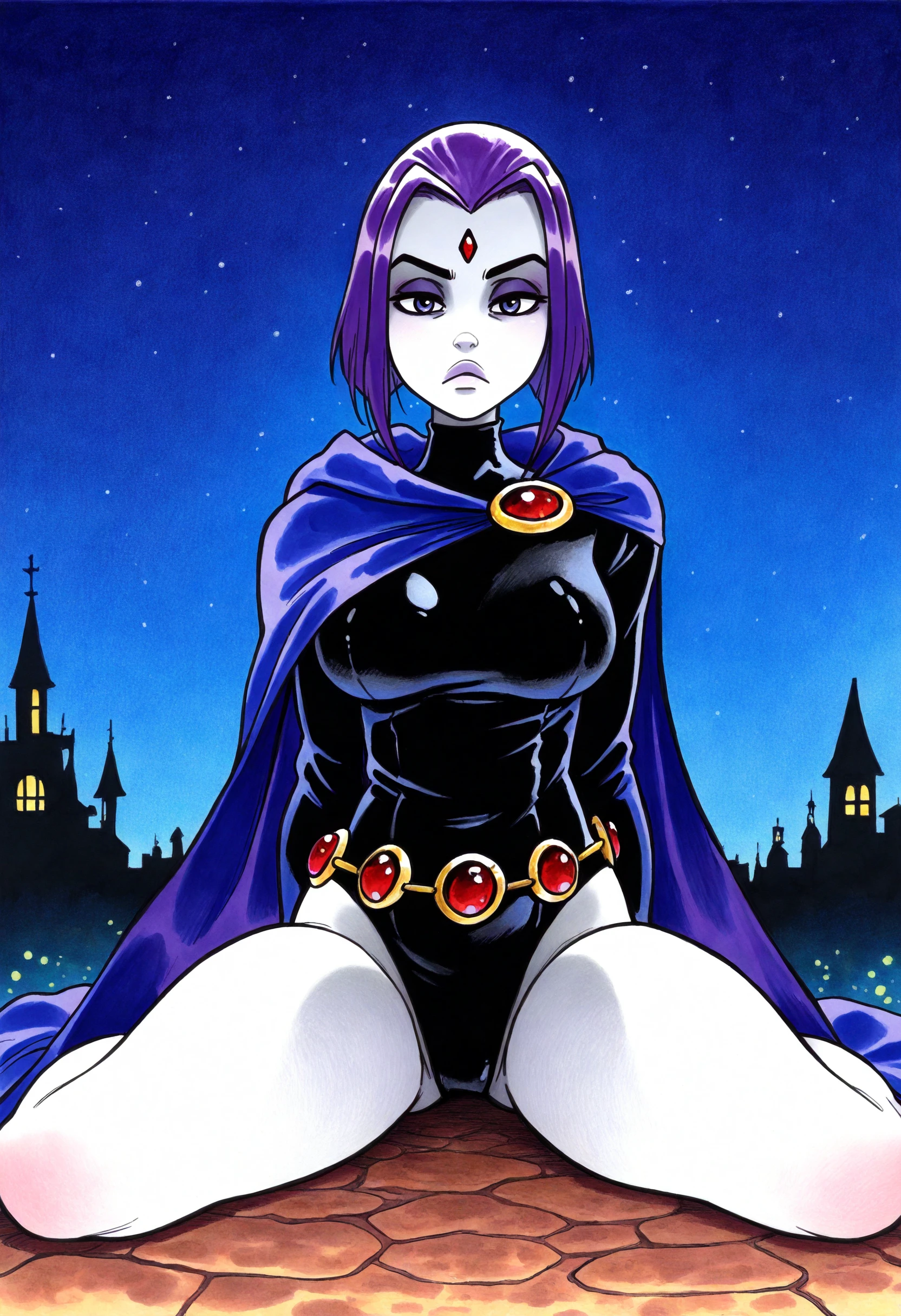 (solo:1.1),(masterpiece), (best quality:1.3), ultra detailed, intricate, (nice hands:1.6), professional art, digital art, absurdres, shadraven, (Full body view:1.1), 1girl, solo, (grey skin:1.4), dark purple hair, bob hair, purple eyes, hips wider than shoulders, pear shaped body, jewellery, detailed thighs, thick thighs, red jewel in forehead, jewels, (long sleeved turtleneck leotard:1.3), cuffs, small breasts, (shadraven cloak), (Shadraven broach:1.2), Shadraven jewel belt, Shadraven wearing a long sleeved leotard, long legs, ( long crotch bulge:1.4), large penis, large testicles, side view, looking at viewer, bubble butt , gluteal crease, universal lighting,,