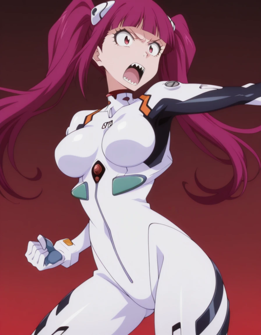 masterpiece, best quality, amazing quality,, <lora:riruka-dokugamine-anime-illustriousxl-lora-nochekaiser:1>, riruka dokugamine, long hair, twintails, red eyes, purple hair, bangs, blunt bangs, mature female, breasts, anime screencap,, <lora:rei-ayanami-cosplay-illustriousxl-lora-nochekaiser:1>, rei ayanami cosplay, ayanami rei (cosplay), bodysuit, headgear, plugsuit, white bodysuit,, <lora:dynamic-pose-illustriousxl-lora-nochekaiser:1>, dynamic pose, kicking, cowboy shot, sharp_teeth, , , ,
