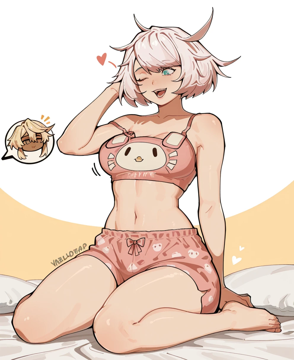 score_9,score_8_up,score_7_up, 1girl, source_anime, high quality, detailed, dark skin, pink hair, brown eyes, slender eyes, pink bear ears, large breasts, lips, wide hips, thick thighs, smug, peace sign, tank top, short shorts,