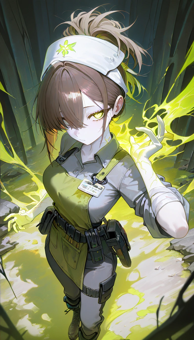 masterpiece, best quality, amazing quality, very aesthetic, absurdres, newest, scenery,
, radsister, 1girl,
glowing green vein, undead girl, white skin, colored skin, pale skin,
messy high ponytail, long bangs, side-swept bangs, layered hair, loose strands, hair tucked under headband, brown hair, glowin green eyes
radioactive nurse, glowing green eyes, glowing veins, pale skin, brown hair, tied hair, white headband,
short-sleeved nurse uniform, gray shirt, button-up shirt,rolled-up sleeves,
apron,green apron,
tight dark pants, tactical pants, grey pants,
black leather boots, heavy boots,
bandaged arm, utility belt, eerie aesthetic
, animated, dynamic angle, upper body, from above, fisheye lens, detailed face,colorful, close-up, masterpiece, best quality, amazing quality, very aesthetic, absurdres, newest, scenery, volumetric lighting