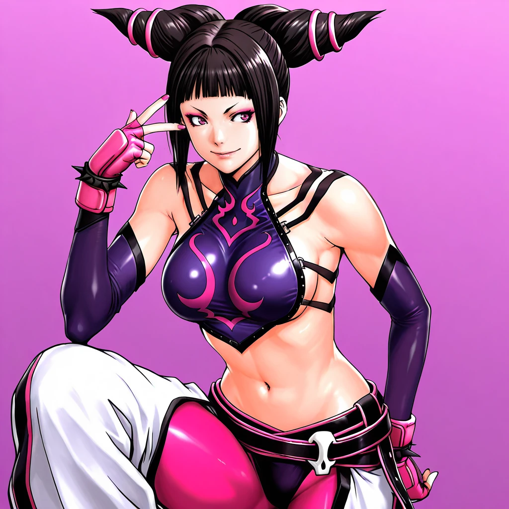 a cartoon picture of a woman in a purple outfit sitting on a table, inspired by Masamune Shirow, juri han from street fighter, juri misaki, highly detailed exquisite fanart, extremely detailed artgerm, portrait ninja gaiden girl, commission for high res, widowmaker's former lover, style of masamune shirow