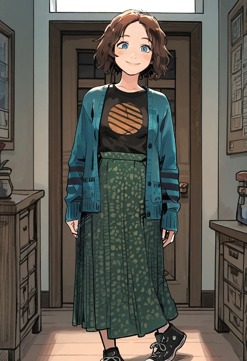 sharp messy sketch (linear hatching, hatching \(texture\):1.3),
(by
ibsukionsen
:1.25), NathMine, 1girl, short hair, wavy hair, brown hair, blue eyes,breast, blue cardigan, long sleeves cardigan, black stripes on cardigan sleeves,black t-shirt under cardigan, sun t-shirt, sun symbol on t-shirt, long skirt, floral skirt, green skirt, high-waist skirt, black sneakers,
, indoors, looking at viewer, cute, looking at viewer, smile,
masterpiece, best quality, amazing quality, very aesthetic,
<lora:nhl-004:0.9> nhl-004,