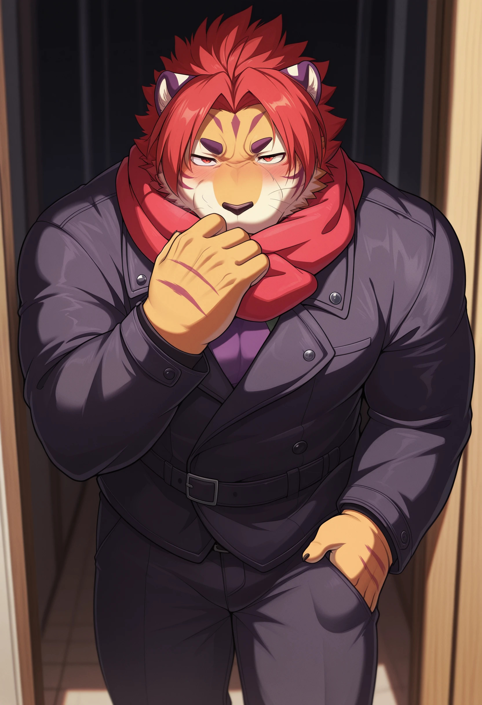 (((detailed eyes, detailed face))), (bara, itzamna <lora:character_itzamna_findigo_v2:1>, facial hair, dragon tail), male, (plump, fat, chubby, overweight), (brown sweater, black shirt, blue pants), sitting, (arms behind back), smile BREAK (konzaburou, ukan_muri, cute), bedroom, (soft shading), 8k, UHD, masterpiece