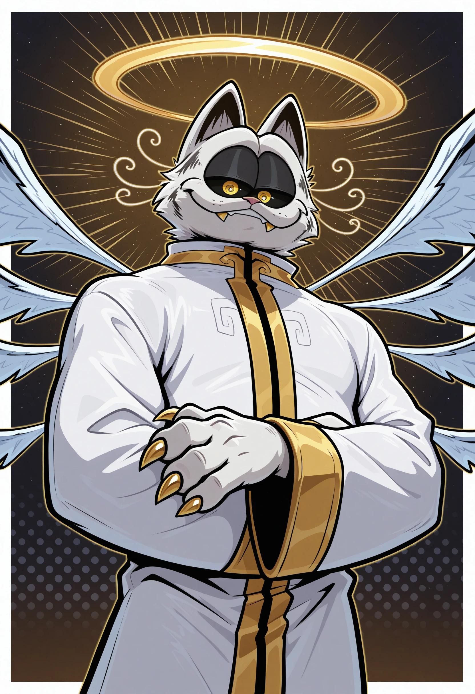 <lora:godfield_v3_Illustrious_Mlaofmd-10:1.0> masterpiece, best quality, newest, absurdres, highres, perfect anatomy, 1boy, godfield, halo, white fur, facial tuft, cat ears, black sclera, yellow eyes, whiskers, wings, multiple wings, seraph, white wings, fangs, claws, robe, white robe, looking at viewer, upper body, halftone effect, white borders, abstract background:1.2, side view