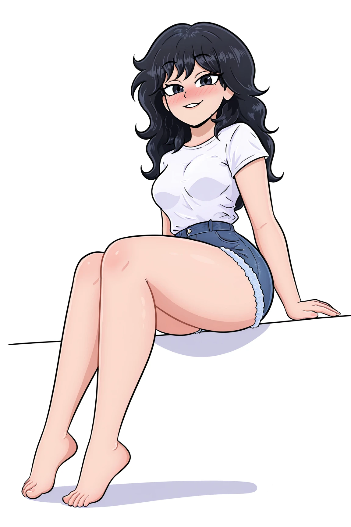 Ralph Bakshi Style, Curvy blue eyed girl with long wavy black hair and small breasts, (cruel_expression):4.0, futanari, (erect penis):2.0, upshot