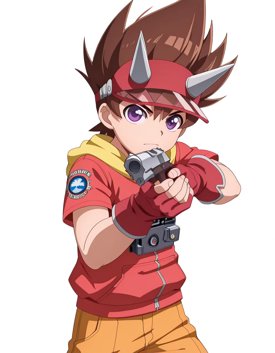 masterpiece, best quality, amazing quality,, <lora:max-taylor-anime-illustriousxl-lora-nochekaiser:1>, max taylor, brown hair, male focus, spiked hair, purple eyes, anime screencap, shirt, gloves, hat, pants, fingerless gloves, red headwear, red gloves, horns, hood, hoodie,, <lora:center-axis-relock-stance-illustriousxl-lora-nochekaiser:1>, center axis relock stance, looking at viewer, holding, closed mouth, weapon, holding weapon, gun, holding gun, handgun, aiming, finger on trigger, aiming at viewer, m1911,, runway, planes, lights, takeoff, landing, cowboy shot, solo, looking at viewer, <lora:transparent-background-illustriousxl-lora-nochekaiser:1>, transparent background, simple background, white background