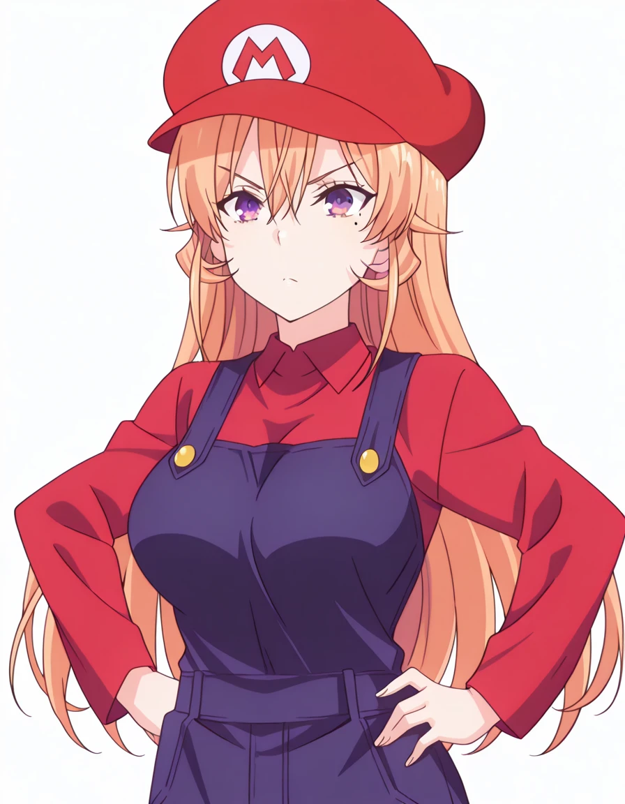 masterpiece, best quality, amazing quality,, <lora:erina-nakiri-s1-illustriousxl-lora-nochekaiser:1>, erina nakiri, long hair, orange hair, purple eyes, hair between eyes, mature female, breasts, anime screencap, <lora:mario-cosplay-illustriousxl-lora-nochekaiser:1>, mario cosplay, mario (cosplay), blue overalls, overalls, shirt, red shirt, long sleeves, collared shirt, hat, red hat,, <lora:kung-fu-illustriousxl-lora-nochekaiser:1>, kung fu, martial arts, training, fighting stance, cowboy shot, hands on own hips, mole_under_eye, , <lora:transparent-background-illustriousxl-lora-nochekaiser:1>, transparent background, simple background, white background, ,