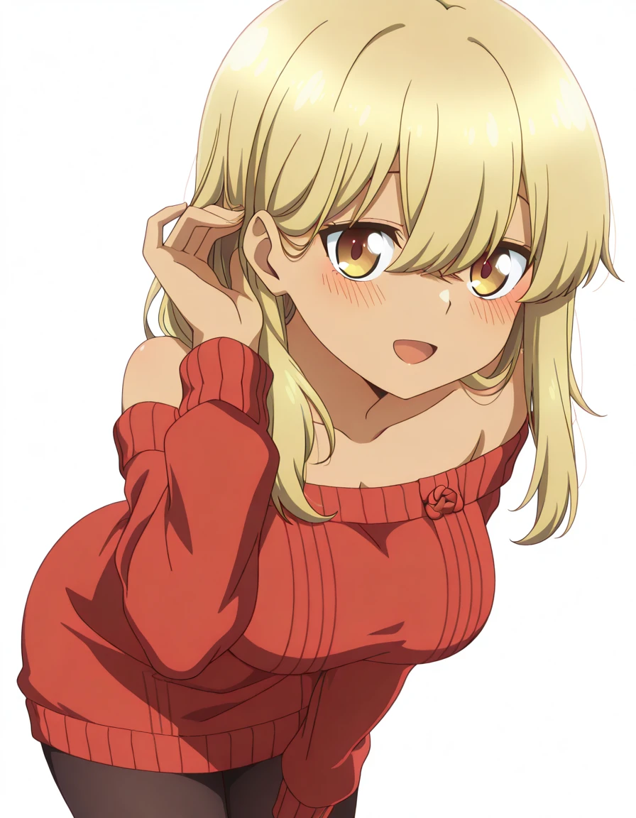 masterpiece, best quality, amazing quality,, <lora:kana-higa-s1-illustriousxl-lora-nochekaiser:1>, kana higa, long hair, bangs, blonde hair, hair between eyes, yellow eyes, mature female, breasts, anime screencap, <lora:yor-briar-cosplay-illustriousxl-lora-nochekaiser:1>, yor briar cosplay, yor briar (cosplay), bare shoulders, collarbone, dress, long sleeves, off shoulder, off-shoulder dress, off-shoulder sweater, pantyhose, red sweater, sweater, sweater dress, thighs,, <lora:tucking-hair-illustriousxl-lora-nochekaiser:1>, tucking hair, adjusting hair, hand on own hair, hair behind ear, smile, bent over, leaning forward, blush, hand up,, glaring, open mouth, <lora:transparent-background-illustriousxl-lora-nochekaiser:1>, transparent background, simple background, white background, ,
