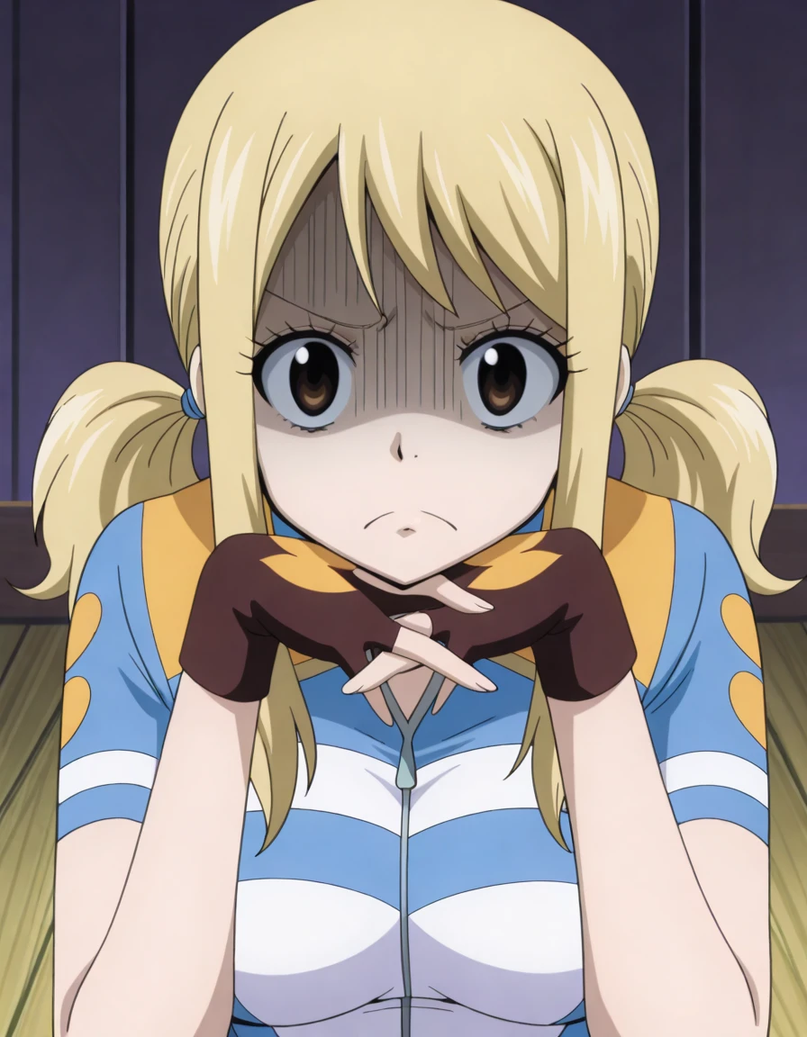 masterpiece, best quality, amazing quality,, <lora:lucy-heartfilia-s1s3s7-illustriousxl-lora-nochekaiser:1>, lucy heartfilia, twintails, low twintails, sidelocks, blonde hair, brown eyes, long hair, mature female, breasts, anime screencap, <lora:cycling-uniform-illustriousxl-lora-nochekaiser:1>, cycling uniform, bike jersey, bike shorts, biker clothes, fingerless gloves, gloves, short sleeves,, <lora:gendou-pose-illustriousxl-lora-nochekaiser:1>, gendou pose, own hands clasped, own hands together, parody, shaded face, looking at viewer, frown, elbow rest,, ^o^, , , ,