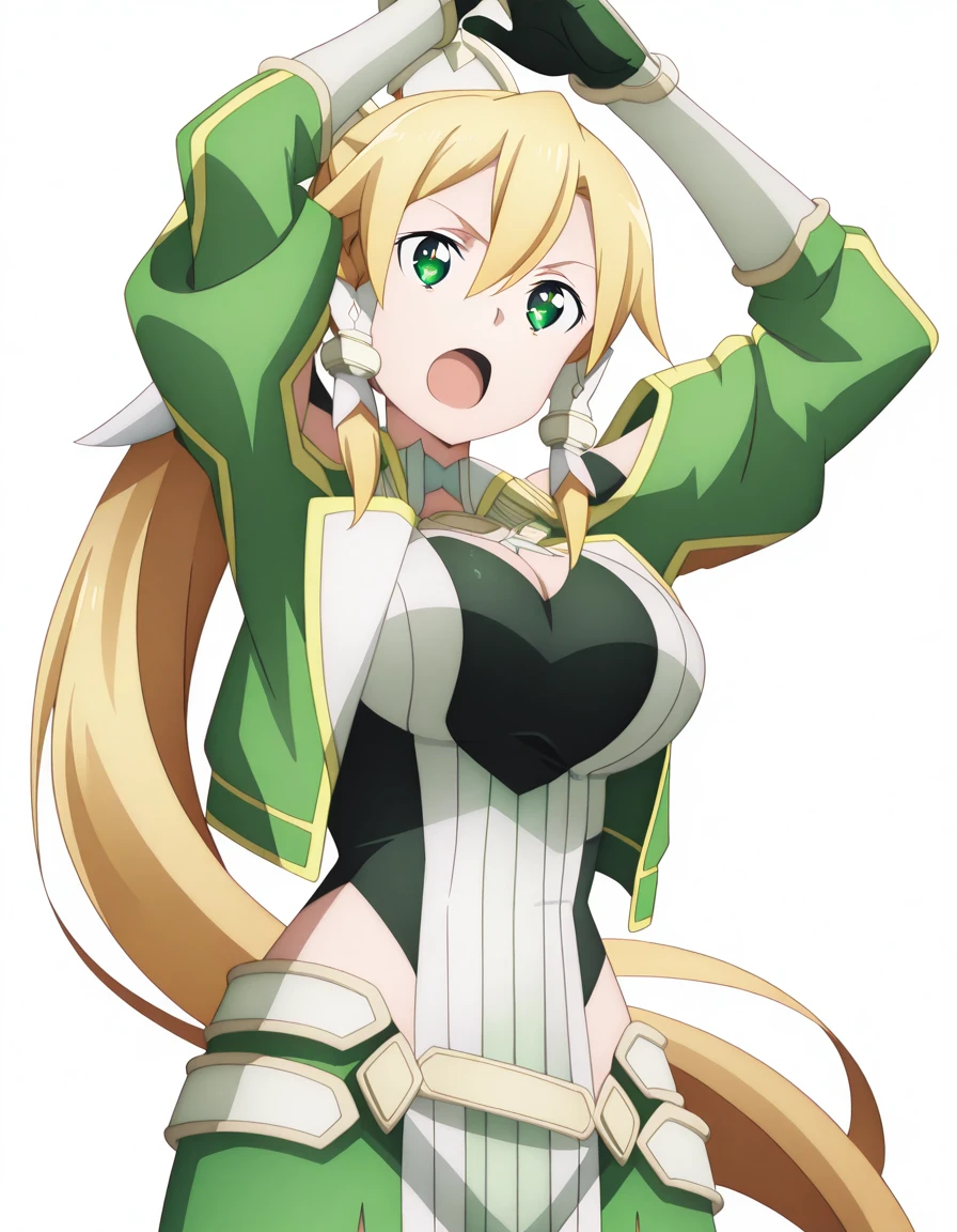 masterpiece, best quality, amazing quality,, <lora:suguha-kirigaya-s3-illustriousxl-lora-nochekaiser:1>, suguha kirigaya, leafa (sao), long hair, blonde hair, hair ornament, green eyes, ponytail, hair tubes, mature female, breasts, anime screencap,, <lora:letterman-jacket-illustriousxl-lora-nochekaiser:1>, letterman jacket, jacket, open jacket, <lora:dynamic-pose-illustriousxl-lora-nochekaiser:1>, dynamic pose, attack, cowboy shot, symbol_shaped_pupils, open mouth, <lora:transparent-background-illustriousxl-lora-nochekaiser:1>, transparent background, simple background, white background, ,
