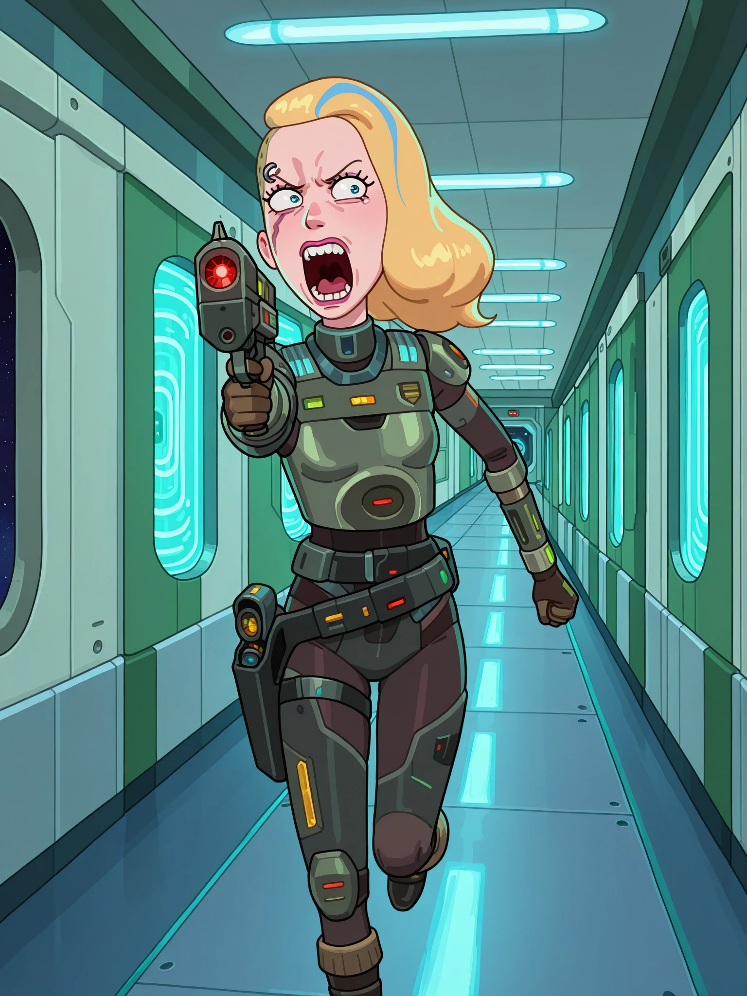 science fiction, space station interior, hallway, action scene, girl running, holding weapon, pointing gun, screaming, angry, laser,
best quality, highres, <lora:Sabu_Art_Style_IL:0.7> sabudenego,
<lora:Space_Beth_-_Rick_and_Morty_IL:1> rnmspacebeth, 1girl, solo, scar, eyebrow piercing, blonde hair, shaved head, armor, bodysuit, gloves, boots, holster,