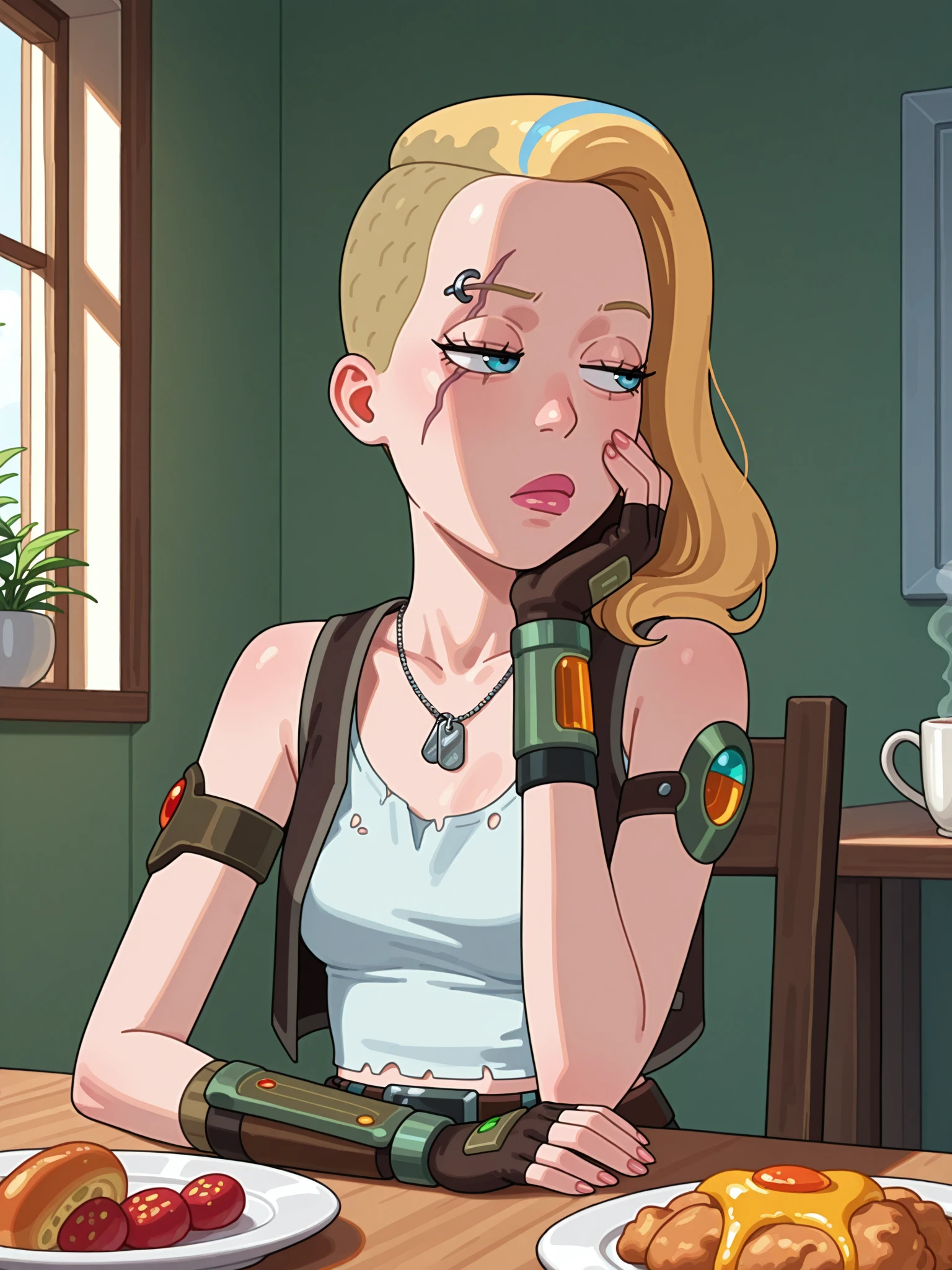 dining room, table, chair, food, plate, cup, girl sitting on chair behind table, leaning back, bored, hand on cheek, half-closed eyes, upper body,
best quality, highres, <lora:Sabu_Art_Style_IL:0.7> sabudenego,
<lora:Space_Beth_-_Rick_and_Morty_IL:1> rnmspacebeth, 1girl, solo, scar, eyebrow piercing, blonde hair, shaved head, tank top, vest, sleeveless, torn shirt, midriff, pants, boots, armband, bracers, fingerless gloves, belt, dog tags, knee pads,