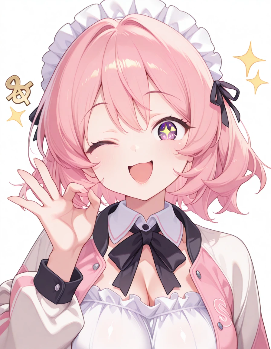 masterpiece, best quality, amazing quality,, <lora:CivChan:1>, CivChan, purple eyes, pink hair, mature female, breasts, maid headdress,, <lora:letterman-jacket-illustriousxl-lora-nochekaiser:1>, letterman jacket, jacket,, <lora:money-gesture-illustriousxl-lora-nochekaiser:1>, money gesture, smile, tongue out, looking at viewer, money eyes, sparkling, ok sign, one eye closed, upper body, money, yen sign, dollar sign, hand up,, :d, open mouth, <lora:transparent-background-illustriousxl-lora-nochekaiser:1>, transparent background, simple background, white background, ,