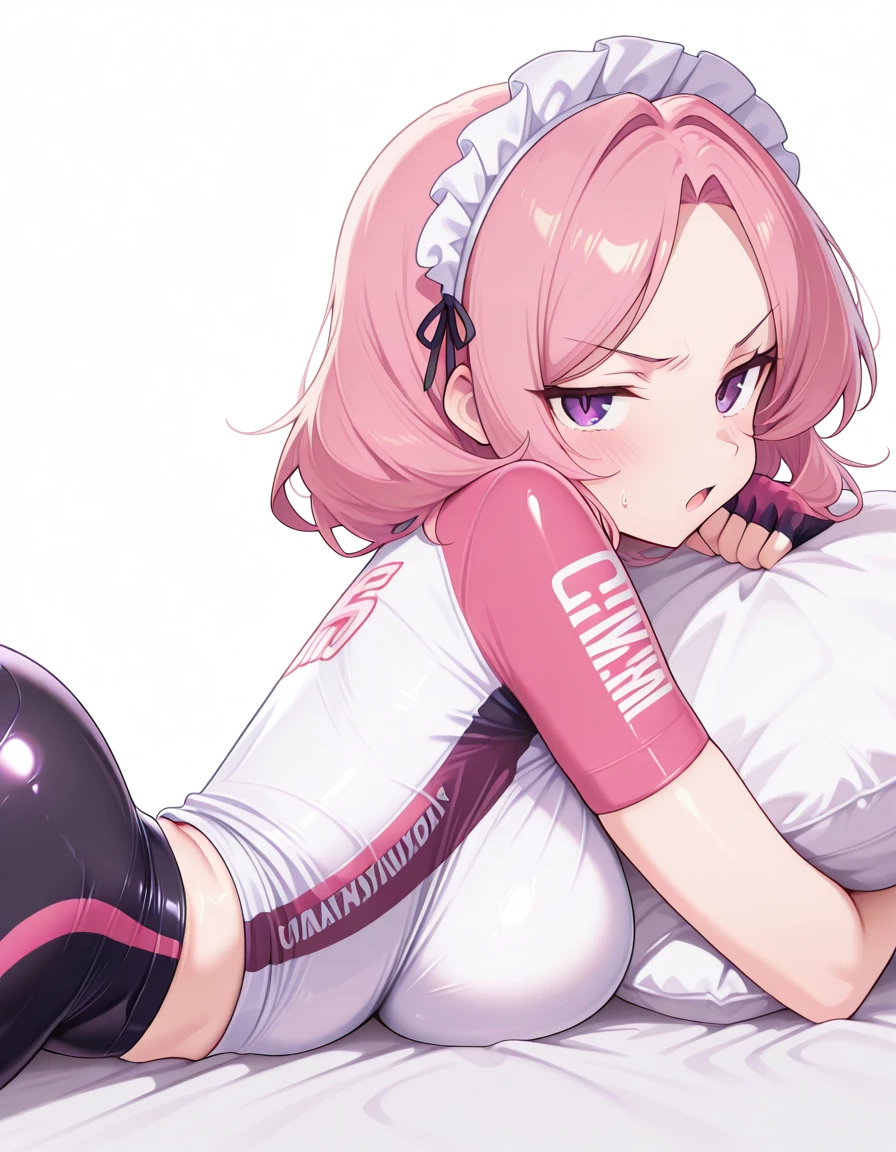 masterpiece, best quality, amazing quality,, <lora:CivChan:1>, CivChan, purple eyes, pink hair, mature female, breasts, maid headdress,, <lora:cycling-uniform-illustriousxl-lora-nochekaiser:1>, cycling uniform, bike jersey, bike shorts, biker clothes, fingerless gloves, gloves, short sleeves,, <lora:on-stomach-from-side-illustriousxl-lora-nochekaiser:1>, on stomach from side, on stomach, from side, on bed, pillow, pillow hug, looking at viewer, blush, parted bangs, ass, thighs, tsundere, open mouth, <lora:transparent-background-illustriousxl-lora-nochekaiser:1>, transparent background, simple background, white background, ,
