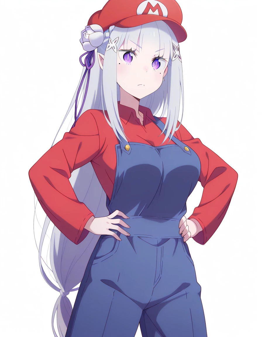 masterpiece, best quality, amazing quality,, <lora:rezero-emilia-s3-p2-illustriousxl-lora-nochekaiser:1>, emilia, emilia (re:zero), braid, crown braid, flower, hair flower, hair ornament, hair ribbon, long hair, pointy ears, purple eyes, white hair, x hair ornament, mature female, breasts, anime screencap, <lora:mario-cosplay-illustriousxl-lora-nochekaiser:1>, mario cosplay, mario (cosplay), blue overalls, overalls, shirt, red shirt, long sleeves, collared shirt, hat, red hat,, <lora:kung-fu-illustriousxl-lora-nochekaiser:1>, kung fu, martial arts, training, fighting stance, cowboy shot, hands on own hips, mole_under_eye, , <lora:transparent-background-illustriousxl-lora-nochekaiser:1>, transparent background, simple background, white background, ,
