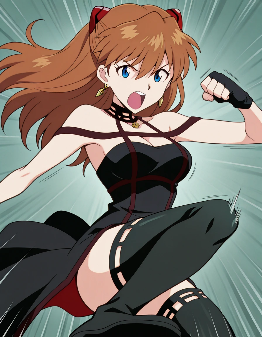 masterpiece, best quality, amazing quality,, <lora:asuka-langley-soryuu-classic-illustriousxl-lora-nochekaiser:1>, asuka langley soryu, long hair, bangs, blue eyes, brown hair, hair ornament, breasts, anime screencap, <lora:yor-briar-cosplay-illustriousxl-lora-nochekaiser:1>, yor briar cosplay, yor briar (cosplay), bare shoulders, black dress, black gloves, cleavage, dress, earrings, gloves, gold earrings, hair ornament, hair band, jewelry, bare shoulders, collarbone, fingerless gloves, thighhighs, black thighhighs,, <lora:kamen-rider-kick-illustriousxl-lora-nochekaiser:1>, kamen rider kick, looking at viewer, open mouth, kicking, flying kick, motion lines, motion, hands up, clenched fist,, shouting, , , ,