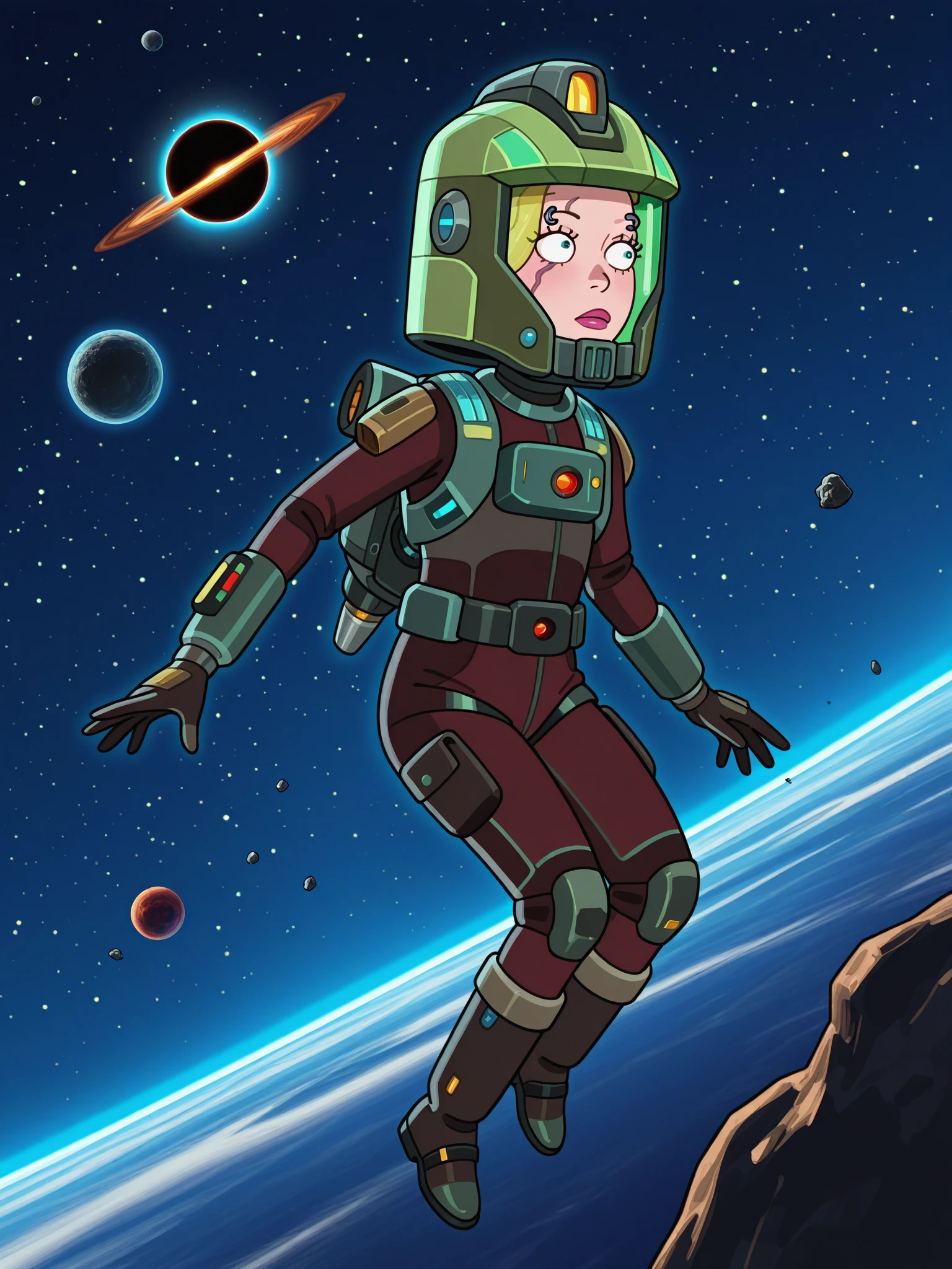science fiction, space, asteroid, girl floating in space, black hole,
best quality, highres, <lora:Sabu_Art_Style_IL:0.7> sabudenego,
<lora:Space_Beth_-_Rick_and_Morty_IL:1> rnmspacebeth, 1girl, scar, eyebrow piercing, spacesuit, helmet, green visor, jetpack, gloves, boots