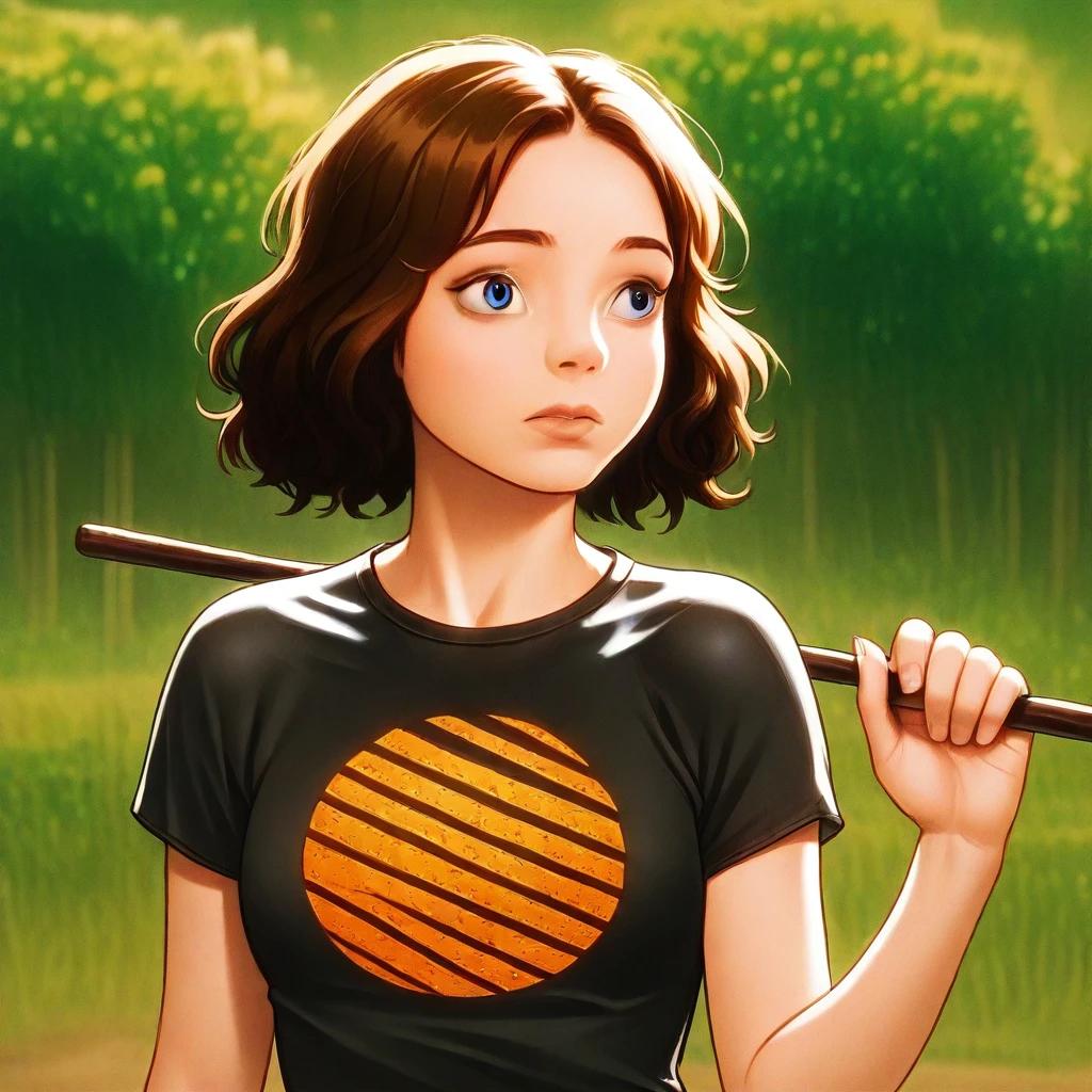 NathMine, 1girl, short hair, wavy hair, brown hair, blue eyes, black t-shirt , sun t-shirt, sun symbol on t-shirt, upper body, masterpiece, detailed art style, holding stick, outdoor