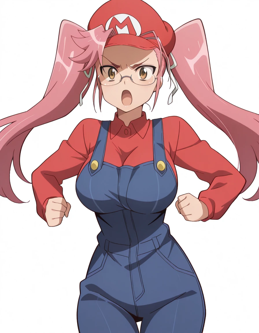 masterpiece, best quality, amazing quality,, <lora:saya-takagi-s1-illustriousxl-lora-nochekaiser:1>, saya takagi, takagi saya, long hair, ribbon, twintails, brown eyes, hair ribbon, pink hair, glasses, mature female, breasts, anime screencap, <lora:mario-cosplay-illustriousxl-lora-nochekaiser:1>, mario cosplay, mario (cosplay), blue overalls, overalls, shirt, red shirt, long sleeves, collared shirt, hat, red hat,, <lora:dynamic-pose-illustriousxl-lora-nochekaiser:1>, dynamic pose, fighting, cowboy shot, shaded_face, , <lora:transparent-background-illustriousxl-lora-nochekaiser:1>, transparent background, simple background, white background, ,