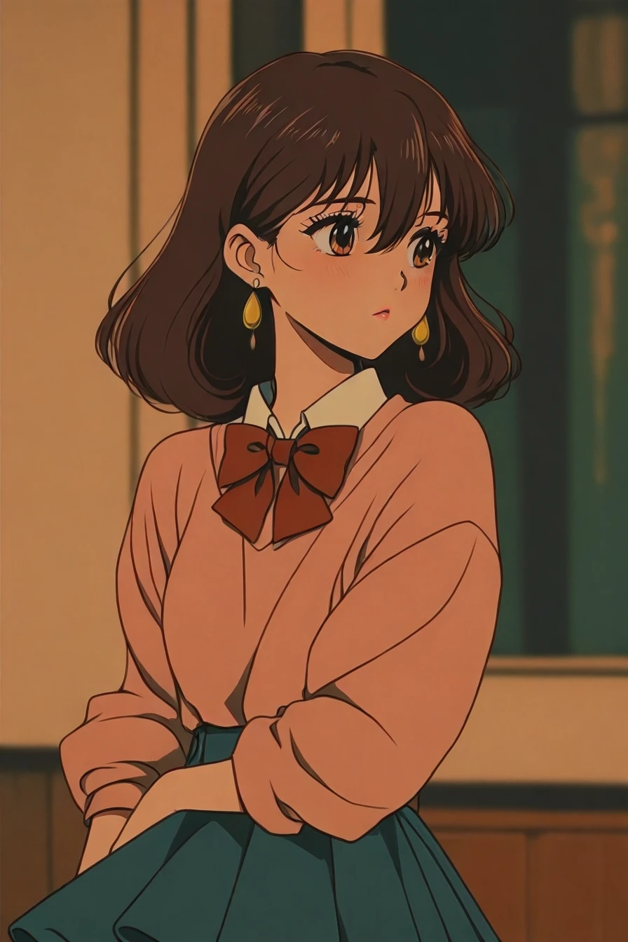 madoka, (Extremely delicate and beautiful: 1.2), 1girl in, Bangs, Blue eyes, blur, blur backgroun, Bow, Brown hair, Shut up, Side view, hair between eye, Hair Bow, lantern, light Particle, Long sleeves, Just look at the audience, Medium Hair, Night, Red bow, Solo, Stars(symbol), Upper body, Smile, Red lips