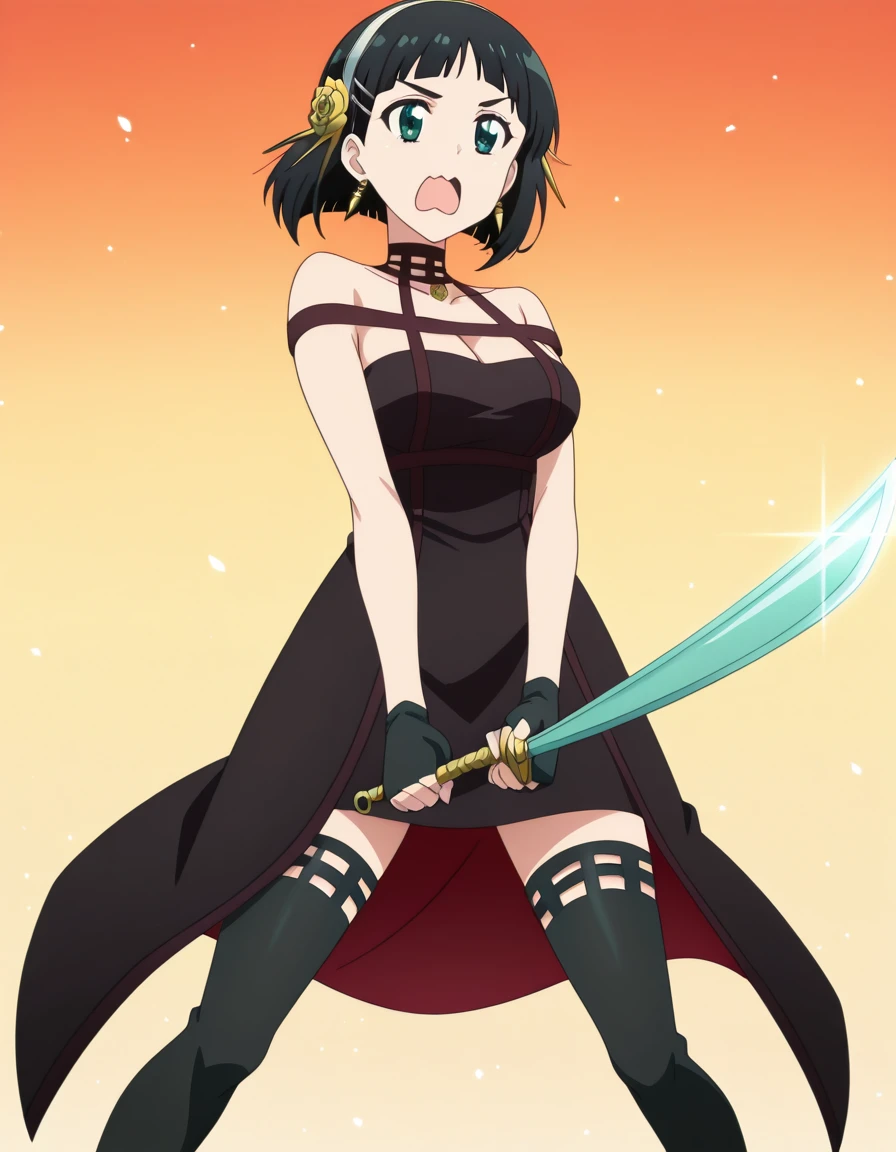 masterpiece, best quality, amazing quality,, <lora:suguha-kirigaya-s1-illustriousxl-lora-nochekaiser:1>, suguha kirigaya, short hair, black hair, hair ornament, hairclip, green eyes, mature female, breasts, anime screencap, <lora:yor-briar-cosplay-illustriousxl-lora-nochekaiser:1>, yor briar cosplay, yor briar (cosplay), bare shoulders, black dress, black gloves, cleavage, dress, earrings, gloves, gold earrings, hair ornament, hair band, jewelry, bare shoulders, collarbone, fingerless gloves, thighhighs, black thighhighs,, <lora:sunrise-stance-illustriousxl-lora-nochekaiser:1>, sunrise stance, weapon, sword, solo, open mouth, holding weapon, holding, holding sword,, :3, , , ,