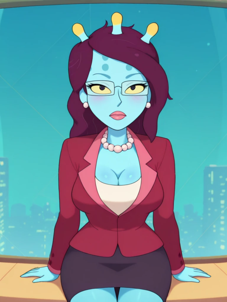 32k, Super-Resolution, professional, masterpiece, best quality, absurdres, award winning, Digital Art, very aesthetic, absolutely eye-catching, Cinematic Lighting, 16-bit RGB, character focus, perfect anatomy,body blush, perfect hands, ultra detailed, soft skin, Ray Tracing Global Illumination, Depth of Field, Cinematic, Ray Tracing Reflections, Concept Art, breathtaking, White Balance, F/2.8, Perspective, detailed gorgeous body, detailed gorgeous background, Anti-Aliasing, <lora:StS-Illustrious-Detail-Slider-v1.0:4.0>,extreme details, RTX, <lora:dynamic-pose-illustriousxl-lora-nochekaiser:1>, dynamic pose, cowboy shot, <lora:unitygirl:1.2>, unitygirl, no humans, alien, three antennae, long hair, dark purple hair, bangs, colored skin,blue skin, colored sclera, yellow sclera, black eyes, medium breasts, anime screenshot, unityDres, glasses, jewelry, pearl necklace, pearl earrings,pink lips,red jacket,formal, white tank top, cleavage, grey pencil skirt, (looking at viewer:1.2), sitting, panty peek,