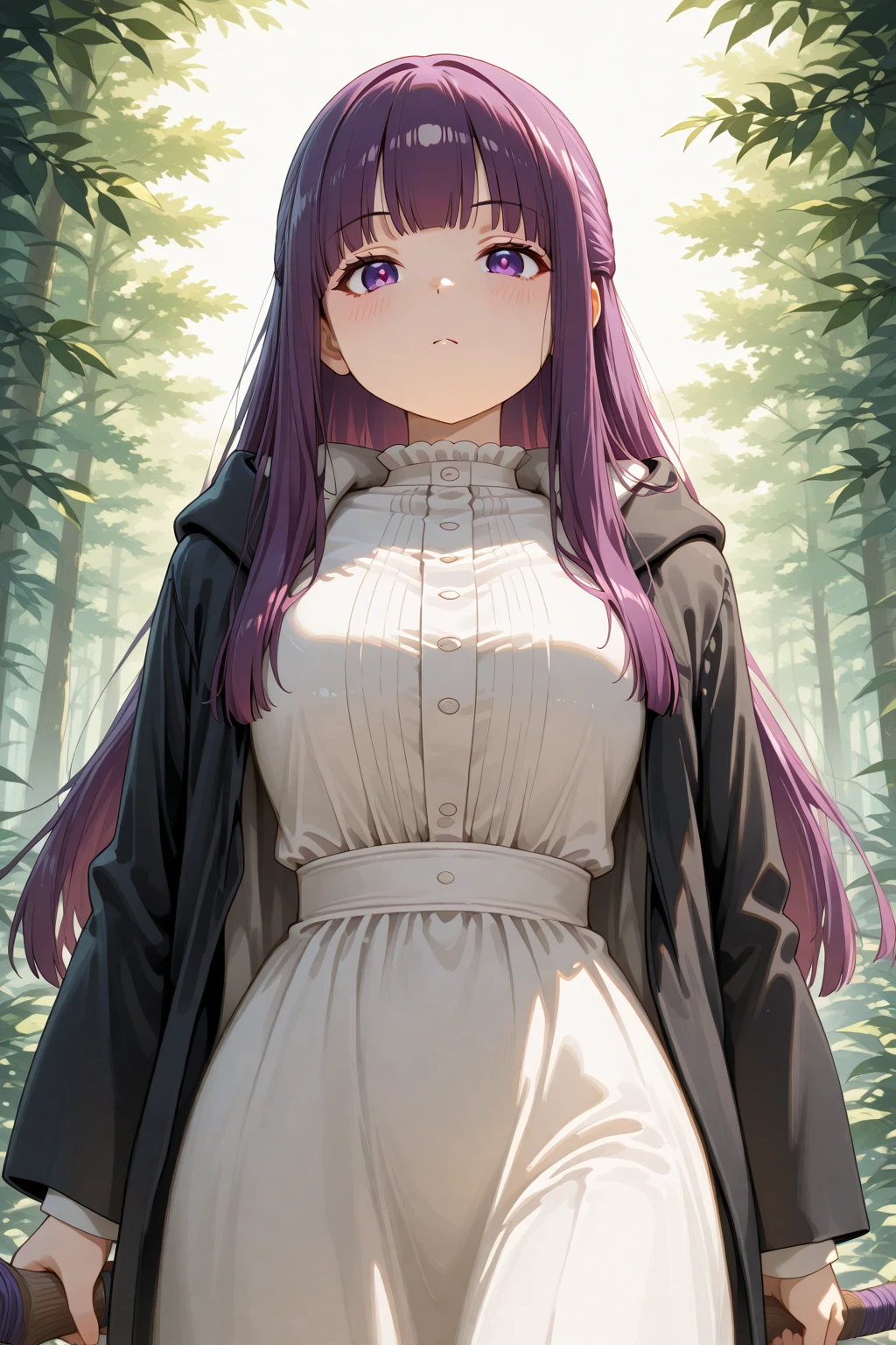 masterpiece, best quality, amazing quality, 1girl, solo, makeup, general, looking at viewer, blush, front, cowboy shot, closed mouth, expressionless, pout, outdoors, <lora:Sousou_No_Frieren_Fern:1>, Sousou_No_Frieren_Fern, purple eyes, bright pupils, very long hair, purple hair, straight hair, blunt bangs, cut bangs, sidelocks, half updo, large breasts, black coat, white dress, long dress, black robe, long sleeves, frilled collar, open clothes, long coat, open coat, hood, hood down, black footwear, boots, staff, holding staff, mage staff, <lora:wai-2Rectified-V140:1>, <lora:illustrious_noobai_epsilon_pred_1_masterpieces_v1:1>