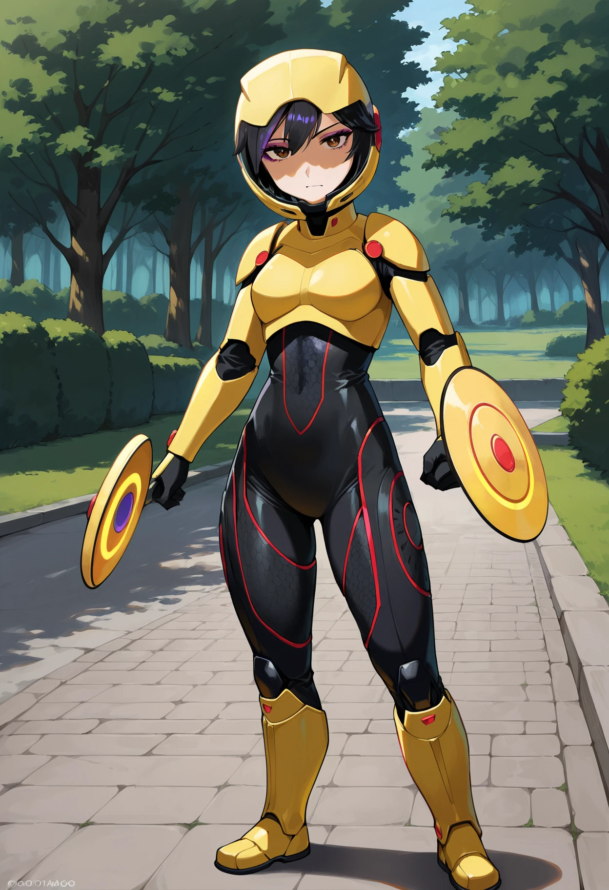 masterpiece,
1girl, solo,
outdoors, park, standing, looking at viewer,
gogotomago, black hair, short hair, multicolored hair, two-tone hair, streaked hair, purple hair, brown eyes, makeup, purple eyeshadow,
gogotomago-hero, bodysuit, black bodysuit, yellow armor, helmet, armor, wheels, disc, yellow wheels, yellow discs