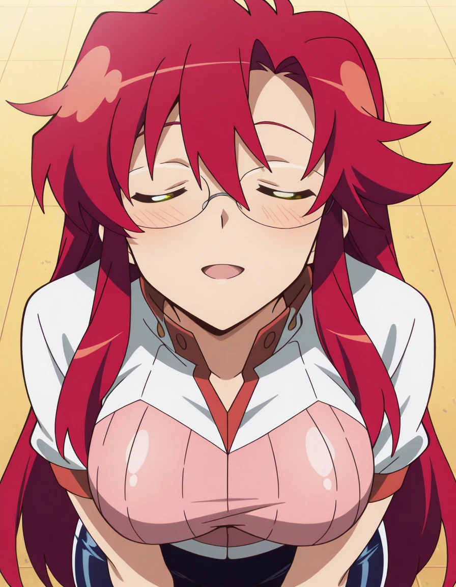 masterpiece, best quality, amazing quality,, <lora:yoko-littner-s1-illustriousxl-lora-nochekaiser:1>, yoko littner, long hair, yellow eyes, red hair, glasses, hair down, mature female, breasts, anime screencap, <lora:cycling-uniform-illustriousxl-lora-nochekaiser:1>, cycling uniform, bike jersey, bike shorts, biker clothes, fingerless gloves, gloves, short sleeves,, <lora:incoming-kiss-illustriousxl-lora-nochekaiser:1>, incoming kiss, closed eyes, blush, pov, upper body, :d, open mouth, , ,