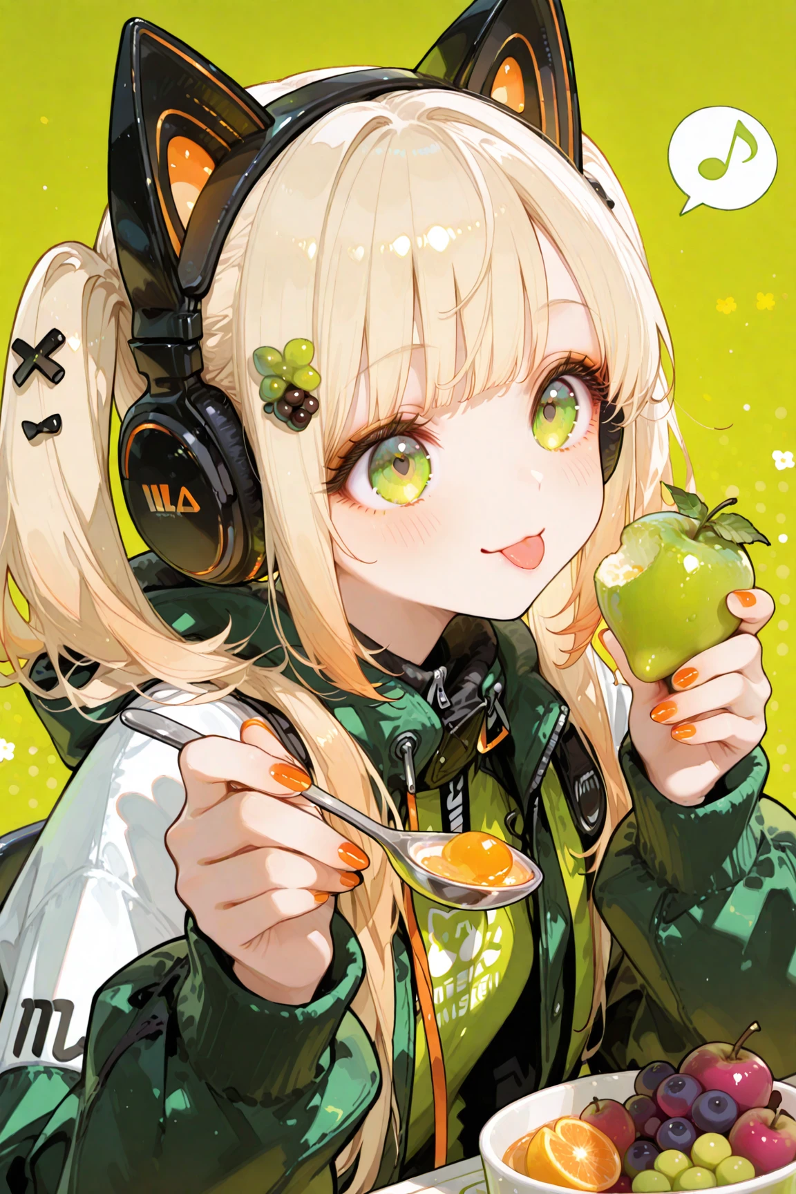 masterpiece, best quality, top quality, good quality, newest, highres, absurdres,
BREAK
very awa, absolutely eye-catching, illustration, CG,
BREAK
perfect composition, eye reflection, eyelashes, (gradient eyes:1),
BREAK
1girl, blush, smile, blonde hair, long sleeves, hair ornament, holding, animal ears, closed mouth, twintails, green eyes, jacket, food, tongue, tongue out, nail polish, open jacket, fake animal ears, fruit, headphones, musical note, green background, spoon, eighth note, holding spoon, green theme, spoken musical note, grapes, animal ear headphones, cat ear headphones, orange nails, big eyes,
masterpiece, good quality, very aesthetic, absurdres, newest,