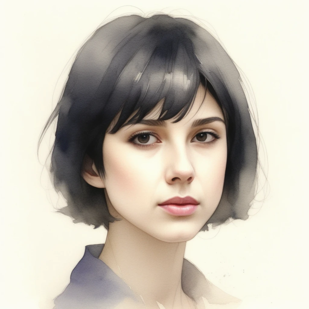Portrait of a thoughtful woman with a short haircut, digital painting, by Greg Rutkowski, woman, short hair, bangs, blue background, portrait, warm lighting, muted colors, impressionistic brush strokes, direct gaze, subtle expression, abstract shirt pattern, soft shadows, red accents, digital brushwork, contemplative mood, blue tones