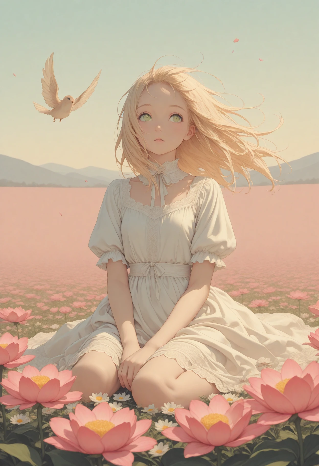 masterpiece, detailed_eyes, high_quality, best_quality, highres, absurdres, 8k, subject_focus, depth_of_field,
(colorful:1.3), (cute character:1.5), 1girl sitting in flower field, long blonde hair, hair flying in wind, windy, big emerald green eyes, white dress with ruffles, tall flowers, detailed background, soft pastel colors, warm and sunny atmosphere,