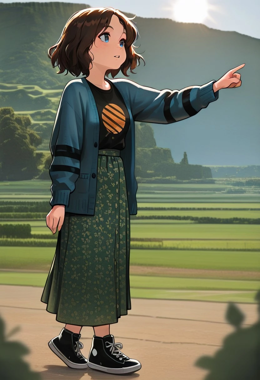 ,masterpiece, newest,absurdres,incredibly absurdres, best quality, amazing quality, very aesthetic, , depth of field, blurry foreground,
,NathMine, 1girl, short hair, wavy hair, brown hair, blue eyes, blue cardigan, long sleeves cardigan, black stripes on cardigan sleeves,black t-shirt under cardigan, sun t-shirt, sun symbol on t-shirt, long skirt, floral skirt, green skirt, high-waist skirt, black sneakers, full body, gibli art style, anime art style, outdoor, green hills,