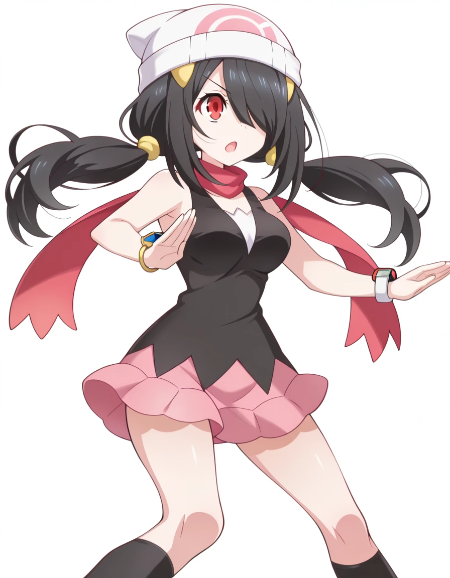 masterpiece, best quality, amazing quality,, <lora:kurumi-tokisaki-s2-illustriousxl-lora-nochekaiser:1>, kurumi tokisaki, black hair, red eyes, long hair, hair over one eye, twintails, low twintails, mature female, medium breasts, anime screencap, <lora:dawn-pokemon-cosplay-illustriousxl-lora-nochekaiser:1>, dawn pokemon cosplay, dawn (pokemon) (cosplay), bare shoulders, beanie, black shirt, black socks, bracelet, hat, jewelry, kneehighs, miniskirt, pink skirt, red scarf, scarf, shirt, skirt, sleeveless, sleeveless shirt, white headwear,, <lora:kung-fu-illustriousxl-lora-nochekaiser:1>, kung fu, martial arts, training, fighting stance, cowboy shot, fear, open mouth, <lora:transparent-background-illustriousxl-lora-nochekaiser:1>, transparent background, simple background, white background, ,