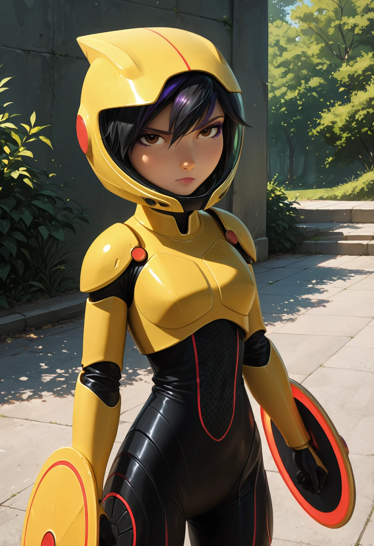 masterpiece,
1girl, solo,
outdoors, park, standing, looking at viewer,
gogotomago, gogotomago-hero,
black hair, short hair, multicolored hair, two-tone hair, streaked hair, purple hair, brown eyes, makeup, purple eyeshadow,
bodysuit, black bodysuit, yellow armor, helmet, space helmet, armor,
wheels, disc, yellow wheels, yellow discs