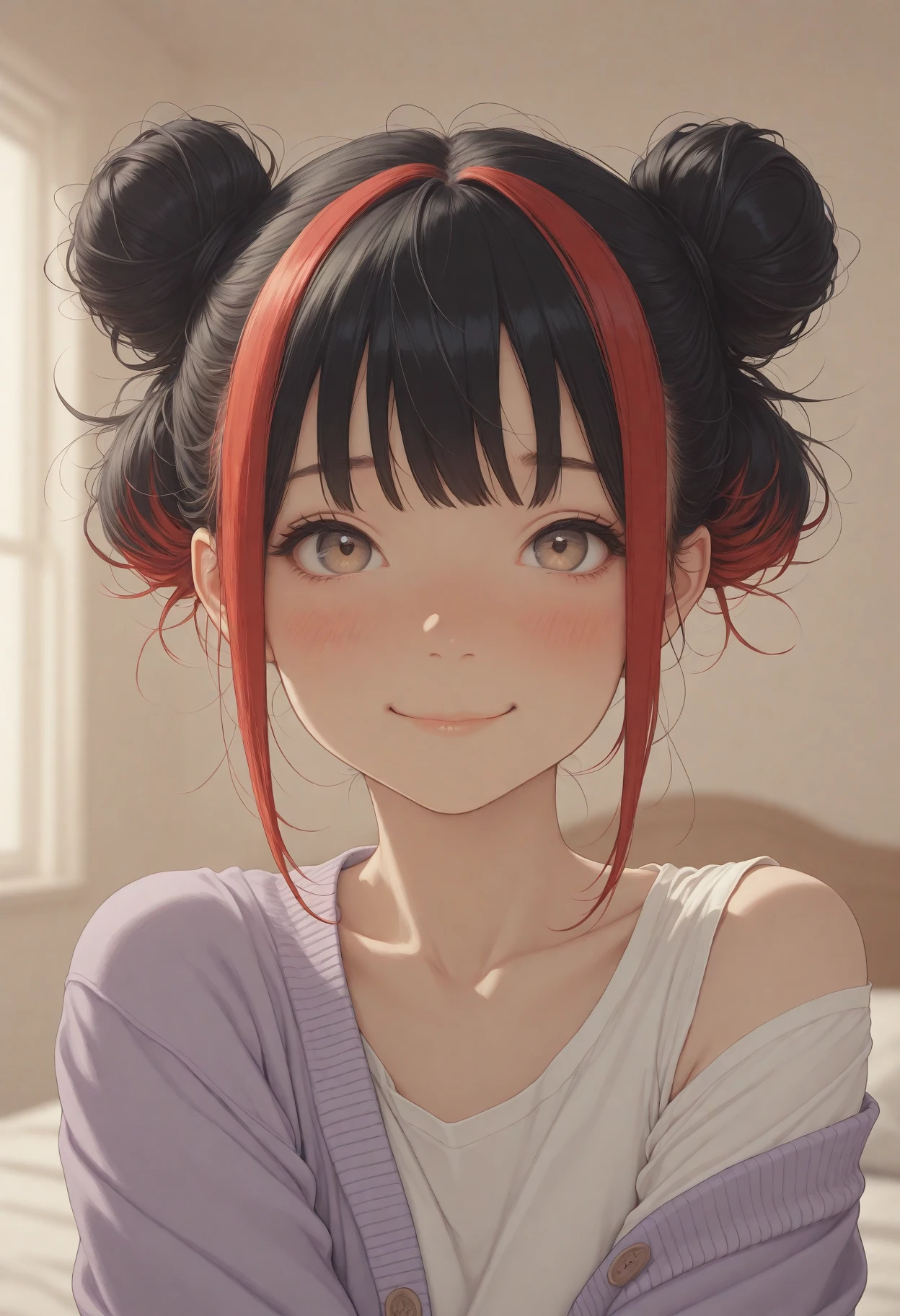 masterpiece, detailed_eyes, high_quality, best_quality, highres, absurdres, 8k, subject_focus, depth_of_field,
(cute character:1.5), 1girl, 25 years old, perfect face, adult, detailed face, portrait, face focus, depth of field, looking at viewer, blush, shy smile, (close up), multicolored hair, black hair, red hair, hair bun, double bun, messy hair, white shirt, purple cardigan, off shoulder, bedroom, detailed background, soft pastel colours, warm and sunny atmosphere,
