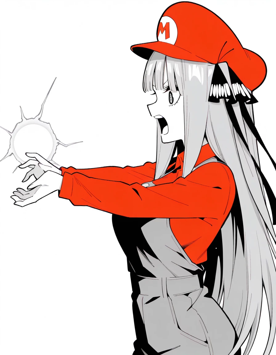 masterpiece, best quality, amazing quality,, <lora:nino-nakano-manga-illustriousxl-lora-nochekaiser:1>, nino nakano, nakano nino, long hair, bangs, hair ornament, hair ribbon, blunt bangs, two side up, butterfly hair ornament, monochrome, greyscale, mature female, breasts, <lora:mario-cosplay-illustriousxl-lora-nochekaiser:1>, mario cosplay, mario (cosplay), blue overalls, overalls, shirt, red shirt, long sleeves, collared shirt, hat, red hat,, <lora:kamehameha-illustriousxl-lora-nochekaiser:1>, kamehameha, kamehameha (dragon ball), open mouth, outstrecthed arms, torn clothes, shouting, energy, energy beam, energy ball, from side, electricity,, symbol_shaped_pupils, , <lora:transparent-background-illustriousxl-lora-nochekaiser:1>, transparent background, simple background, white background, ,